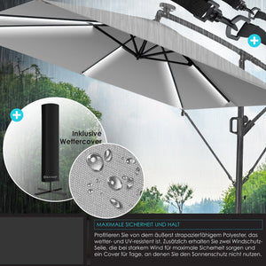 Ampelschirm mit LED Beleuchtung 250cm x 250cm Sonnenschirm rechteckig. Inkl. Abdeckung + Windsicherung mit Kurbelvorrichtung Aluminium