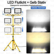 Laden Sie das Bild in den Galerie-Viewer, LED Stativ-Baustrahler Flutlicht 200 Watt (2x100 Watt). 230 Volt. IP66.