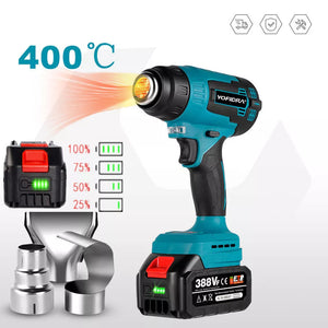 Akku-Heißluftgebläse bis 400 °C inklusive 2 Akkus und Ladegerät