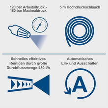 Laden Sie das Bild in den Galerie-Viewer, Hochdruckreiniger inkl. 8-TLG. Zubehör | 180bar Arbeitsdruck | 2400 Watt Leistung | 5m Hochdruckschlauch | Fördermenge 480 l/h | mobiler Flächenreiniger mit Bürsten