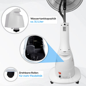 Nebelventilator Standventilator Ø40 cm Luftkühler Ventilator 90 Watt mit 3,1 Liter Wassertank für Ultraschallnebel
