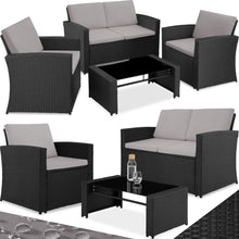 Laden Sie das Bild in den Galerie-Viewer, Polyrattan Sitzgruppe für 4 Personen, Gartenmöbel Set mit Sofa, Sessel und Tisch, inkl. Sitz- und Rückenkissen, für Garten, Terrasse und Balkon.