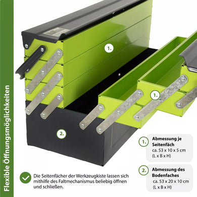Werkzeugkiste mit 4 oder 6 Seitenfächern.