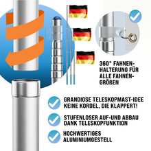 Laden Sie das Bild in den Galerie-Viewer, Teleskop-Fahnenmast (Silber o. Schwarz) mit Fahne. 6,30 m. Für Firma, Garten, Haus... Mit Flagge 150 x 90 cm.