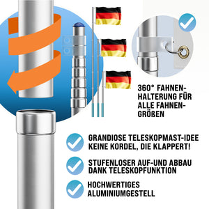 Teleskop-Fahnenmast (Silber o. Schwarz) mit Fahne. 6,30 m. Für Firma, Garten, Haus... Mit Flagge 150 x 90 cm.