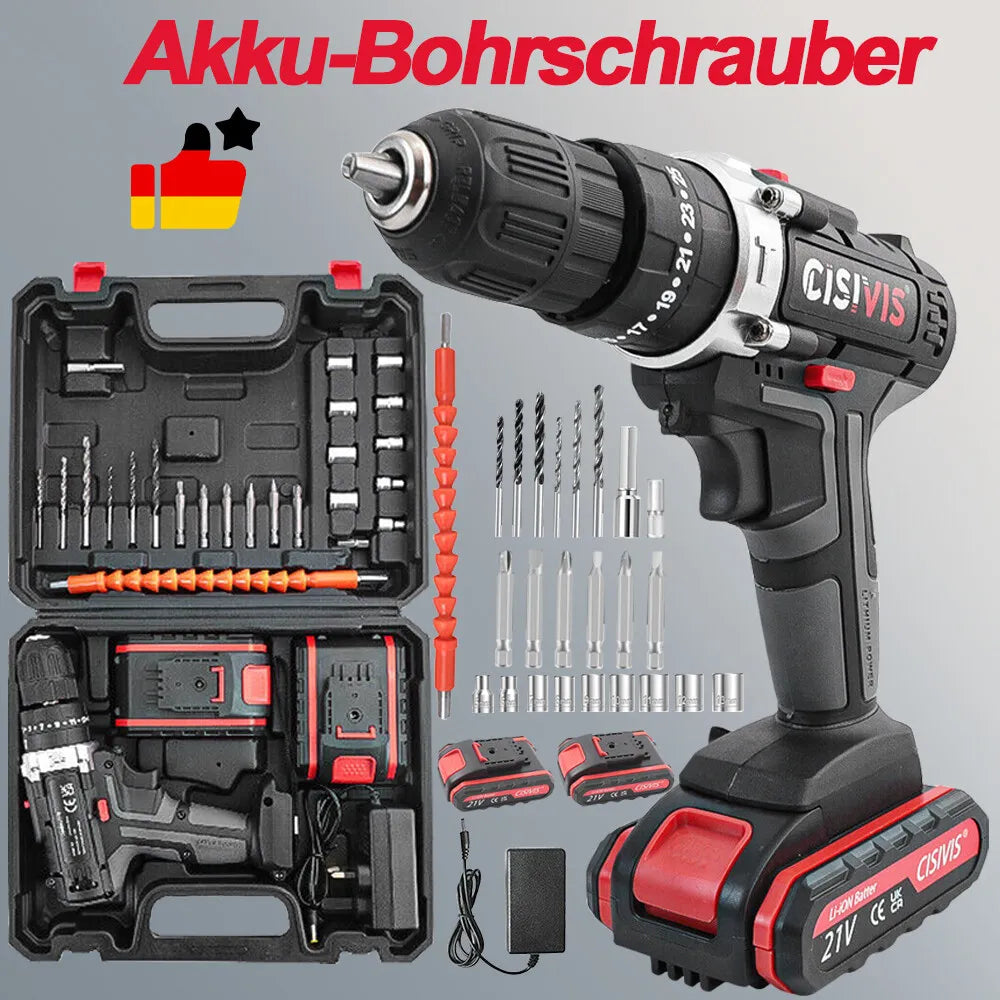 Akkuschrauberset, Schlagbohrschrauber, Bohrmaschine mit 2 Akkus mit Ladegerät.