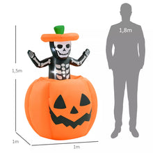 Laden Sie das Bild in den Galerie-Viewer, Halloween Aufblasbarer Kürbis 100 cm mit Skelett Halloweendekorationen LED