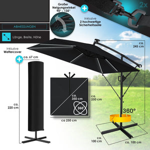Ampelschirm mit LED Beleuchtung 250cm x 250cm Sonnenschirm rechteckig. Inkl. Abdeckung + Windsicherung mit Kurbelvorrichtung Aluminium