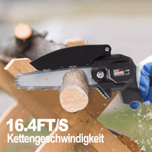 Laden Sie das Bild in den Galerie-Viewer, Schwarze Mini-Akku-Kettensäge 4 und 6 Zoll. (2 Ketten-Längen). Inkl. 2 Li-Ion-Akkus und Ladestation.