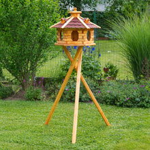 Laden Sie das Bild in den Galerie-Viewer, Vogelhaus 36 cm x 57 cm. Höhe: 1,42 Meter. Sechseckig aus Holz mit 3 Gauben. Bitumen-Dach. Wetterfest.