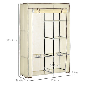 Stoffschrank, Faltschrank 1,62 Höhe, Kleiderschrank mit 2 Kleiderstangen, 6 Fächern, beige