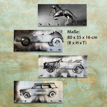 Laden Sie das Bild in den Galerie-Viewer, Kunst aus Stahl. (3D) Oldtimer-Wandgarderoben. 80 cm. Hakenleiste Paneel 80x35x16cm 4 künstlerische Modelle in Handarbeit.