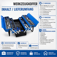 Laden Sie das Bild in den Galerie-Viewer, Sonderposten. Blauer 5-lagiger Vollmetall-Werkzeugkoffer: 85-teiliges Premium Werkzeugset in Klappkiste