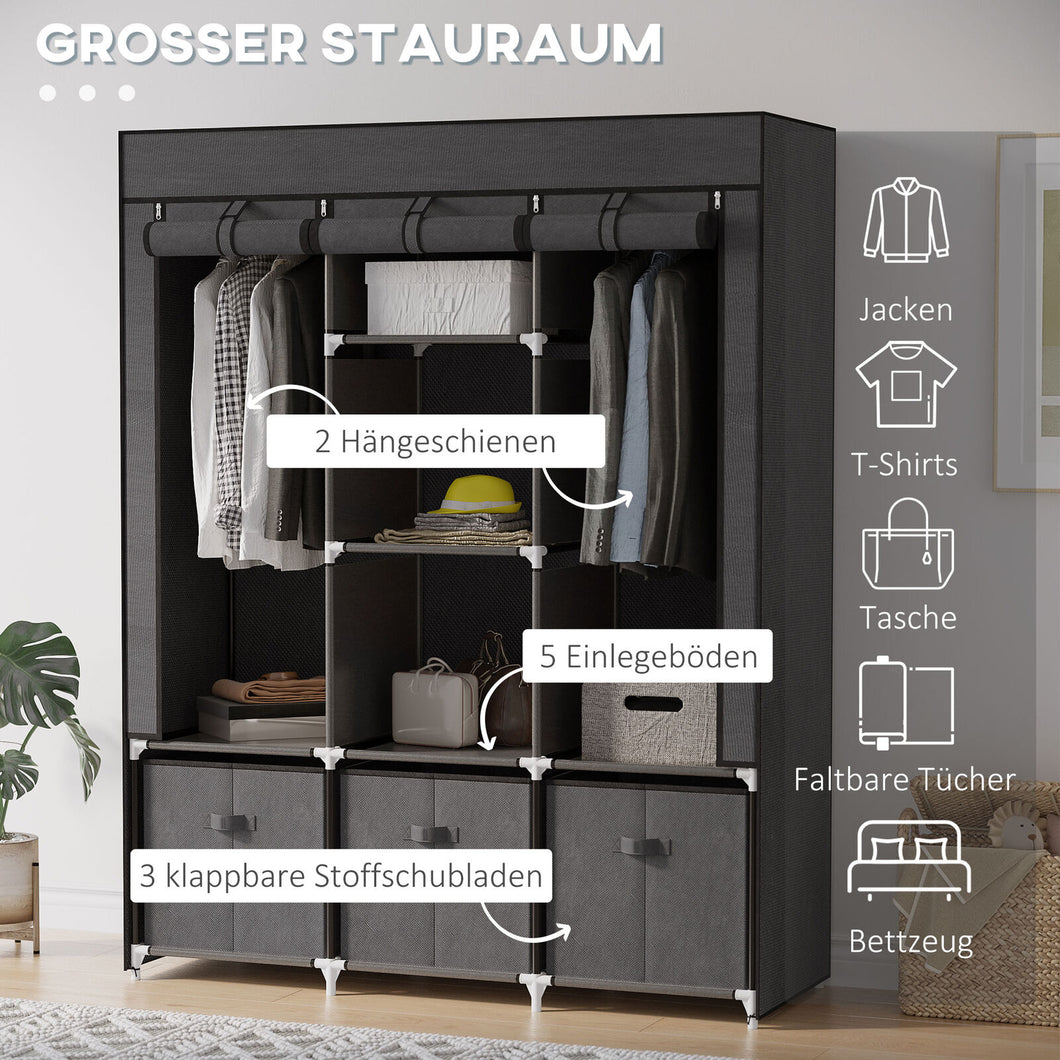 Stoffschrank, Faltschrank 1,63 Meter Höhe mit Reißverschluss, Kleiderschrank, Dunkelgrau