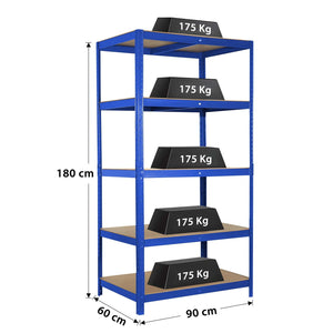 Schwerlastregale 180 x 90 x 60 cm 5 Böden - bis 875 kg - blau