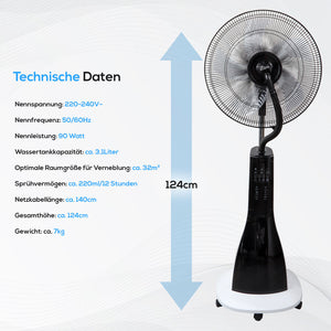 Nebelventilator Standventilator Ø40 cm Luftkühler Ventilator 90 Watt mit 3,1 Liter Wassertank für Ultraschallnebel