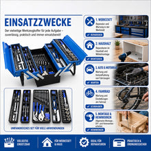 Laden Sie das Bild in den Galerie-Viewer, Sonderposten. Blauer 5-lagiger Vollmetall-Werkzeugkoffer: 85-teiliges Premium Werkzeugset in Klappkiste