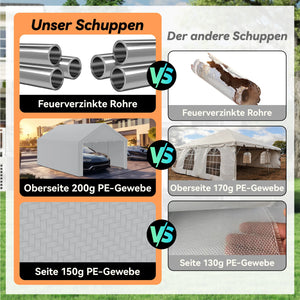 Autozelt Garagenzelt mit Seitenwänden und Rolltor. UV-Schutz. Verschiedene Größen. Weiß oder Grau.