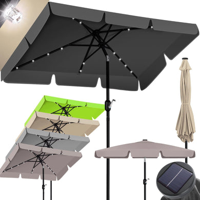 Sonnenschirm 300 cm eckig mit LED-Licht und Solarmodul. Kurbel-Gartenschirm.