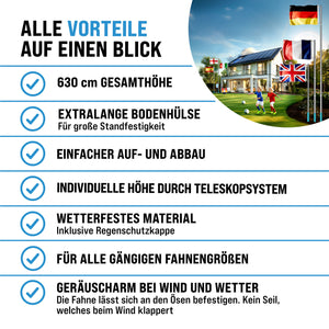Teleskop-Fahnenmast (Silber o. Schwarz) mit Fahne. 6,30 m. Für Firma, Garten, Haus... Mit Flagge 150 x 90 cm.