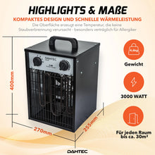 Laden Sie das Bild in den Galerie-Viewer, Elektrischer 3000 Watt Heizlüfter 2 Heizstufen schwarzes Gehäuse. Thermostat.