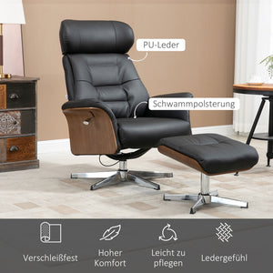 Relaxsessel mit Hocker, Fernsehsessel mit Liegefunktion, Holz-Leder-Kombination