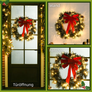 Tannenkranz Weihnachtskranz Künstlicher Türkranz mit LED und Schleife, 60 cm