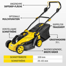 Laden Sie das Bild in den Galerie-Viewer, Sonderposten: Akku-Rasenmäher 20 V inklusive Akku &amp; Ladegerät | Brushless | 33 cm | Mulchfunktion