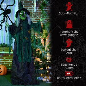 Lebensgroße Hexe 183cm Halloween Dekoration mit LED-Leuchte, Soundfunktion