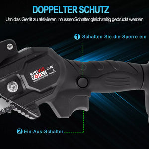 Schwarze Mini-Akku-Kettensäge 4 und 6 Zoll. (2 Ketten-Längen). Inkl. 2 Li-Ion-Akkus und Ladestation.
