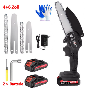 Schwarze Mini-Akku-Kettensäge 4 und 6 Zoll. (2 Ketten-Längen). Inkl. 2 Li-Ion-Akkus und Ladestation.