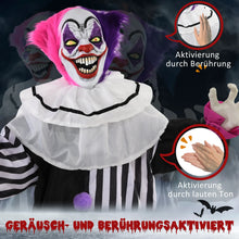 Laden Sie das Bild in den Galerie-Viewer, Halloween Dekoration Stehender Clown 173cm mit LED-Lichter Soundeffekt, pink und lila