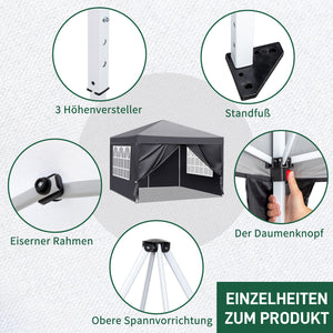 Faltpavillon wasserdicht. Pop Up. Mit 4 Seitenteilen. 3x3 Meter. Gartenzelt. Partyzelt. UV50+ Schutz. Einfaches Faltsystem.