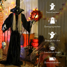 Laden Sie das Bild in den Galerie-Viewer, Animierte Halloween-Dekoration – Hexe mit Skull, LED-Augen, Sound &amp; Bewegung, 170 cm