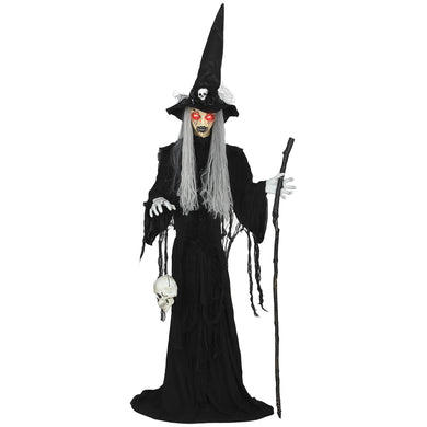 Animierte Halloween-Dekoration – Hexe mit Skull, LED-Augen, Sound & Bewegung, 170 cm
