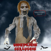 Laden Sie das Bild in den Galerie-Viewer, Animierte Halloween-Dekoration – Kettensägenmörder mit Sound &amp; LED, 170 cm