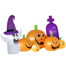 Laden Sie das Bild in den Galerie-Viewer, Halloween-Gartendeko Kürbisfamilie mit Geist und Grabstein, Gebläse wetterfest 240 x 130x 130 cm