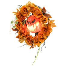 Laden Sie das Bild in den Galerie-Viewer, Halloween-Kranz mit Kürbisgesicht &amp; 44 LED-Lichtern – Flackernder Grusel für Tür, Fenster &amp; Kamin, 44 cm