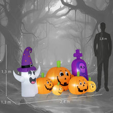 Laden Sie das Bild in den Galerie-Viewer, Halloween-Gartendeko Kürbisfamilie mit Geist und Grabstein, Gebläse wetterfest 240 x 130x 130 cm