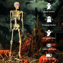 Laden Sie das Bild in den Galerie-Viewer, Animierte Halloween-Dekoration – Skelett mit LED-Augen, Sound &amp; Bewegung, 152 cm