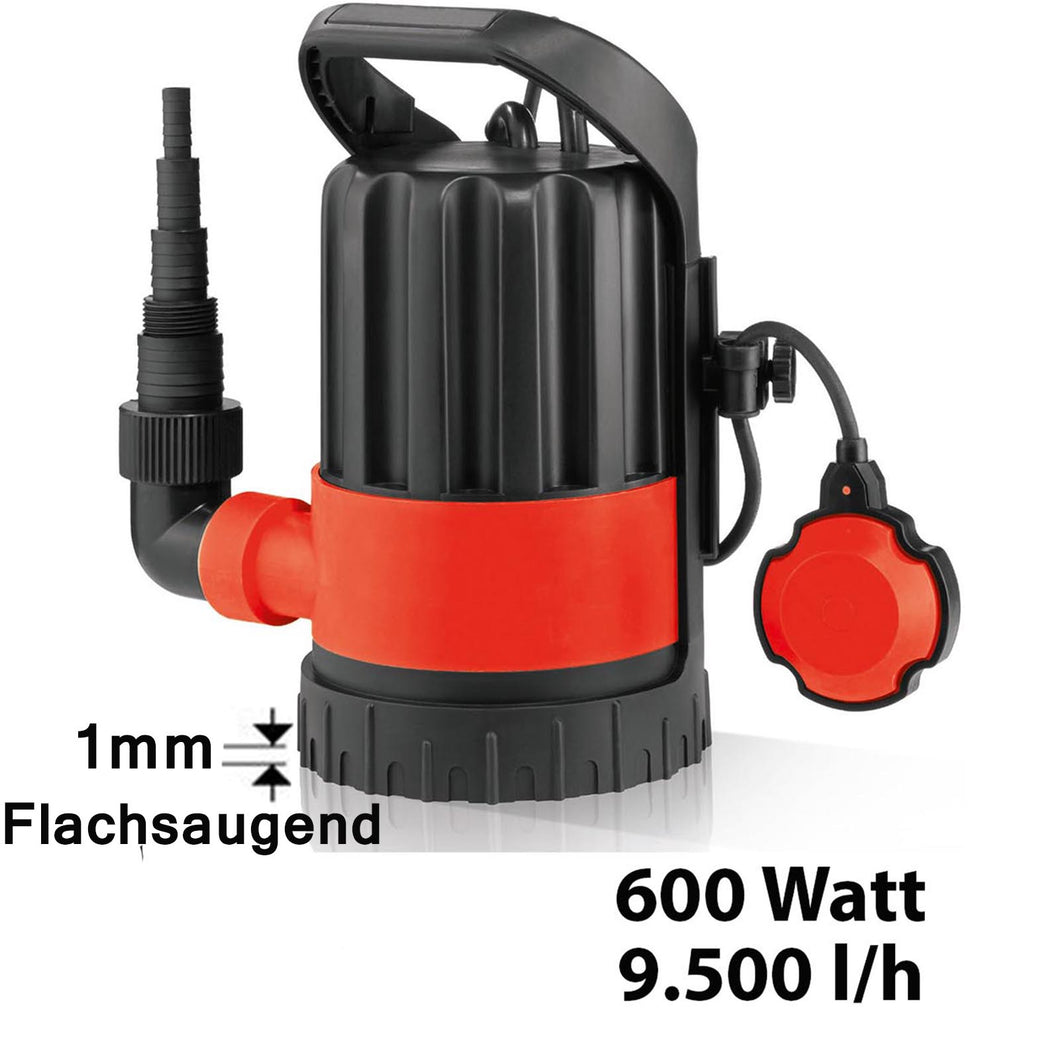 Klarwassertauchpumpe 0,6 KW 9.500 l/h, bis 1 mm flachsaugend