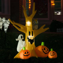 Laden Sie das Bild in den Galerie-Viewer, Aufblasbarer Spukbaum mit Eule, Kürbis und Gespenstern, 240 cm mit LED-Beleuchtung. Halloween Deko Luftfigur