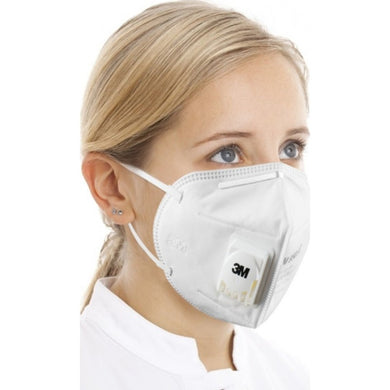Atemschutzmaske Original 3M 9501V+ (KN95) mit Nasenclip. Befestigung um die Ohren.