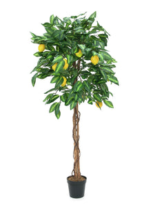 Künstlicher Zitronen-Baum mit Früchten, Seidenblättern und Naturstämmen. Pflegefrei. 180 cm.