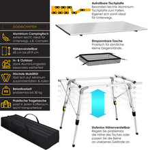 Laden Sie das Bild in den Galerie-Viewer, Campingtisch faltbar Klapptisch Camping Tisch mit Aluminiumrahmen Aufrollbare Tischplatte Falttisch klappbar Höhenverstellung inkl. Tragetasche mit Trageband 90 x 53cm - bis 30 kg