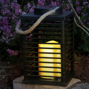 LED Solar Laterne mit Kerze 24cm Außen Windlicht mit Kordel