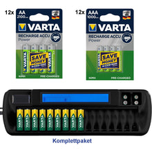 Laden Sie das Bild in den Galerie-Viewer, Komplettpaket: Akku-Ladegerät für 16 AA(A)-Akkus inklusive 24 Hochleistungsakkus: 12 x Varta AA-Akku und 12 x Varta AAA-Akku.