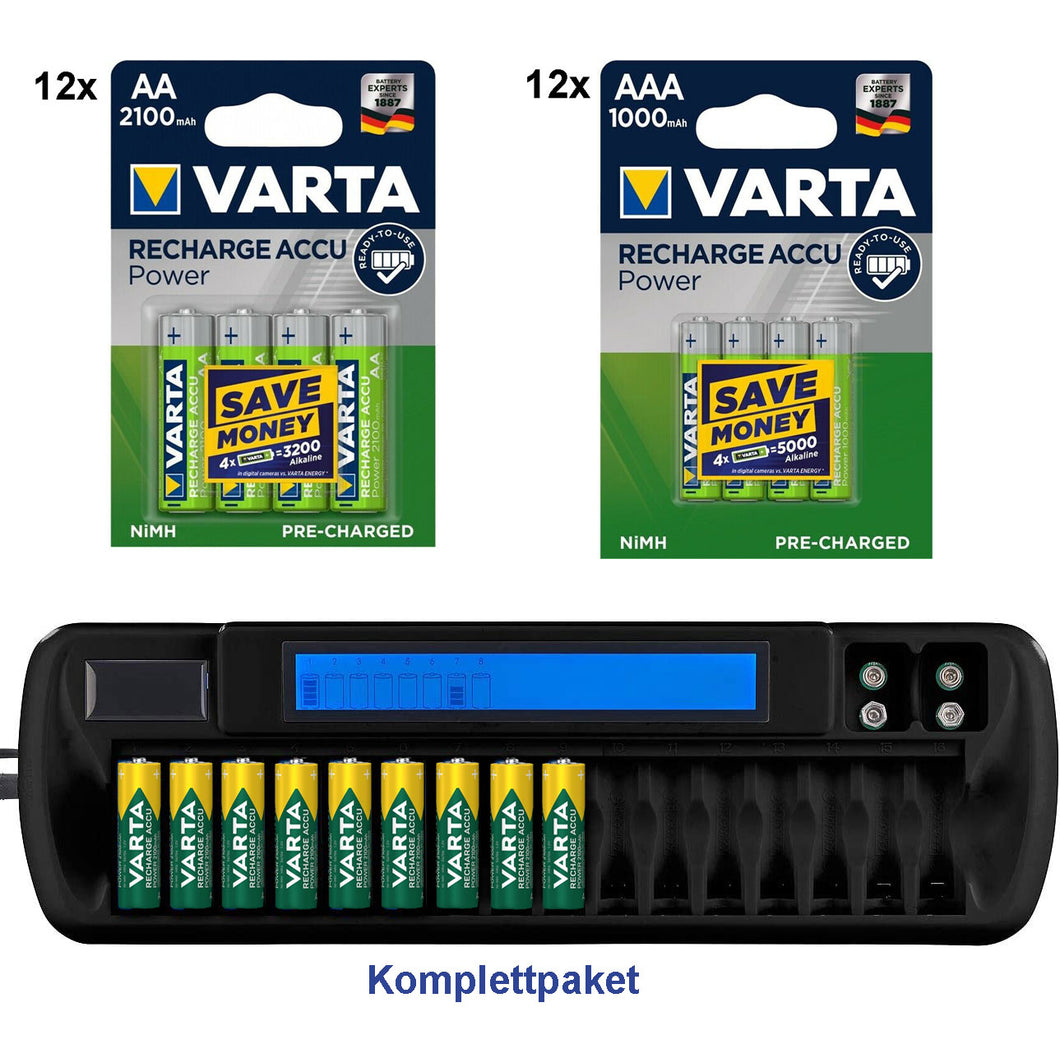 Komplettpaket: Akku-Ladegerät für 16 AA(A)-Akkus inklusive 24 Hochleistungsakkus: 12 x Varta AA-Akku und 12 x Varta AAA-Akku.