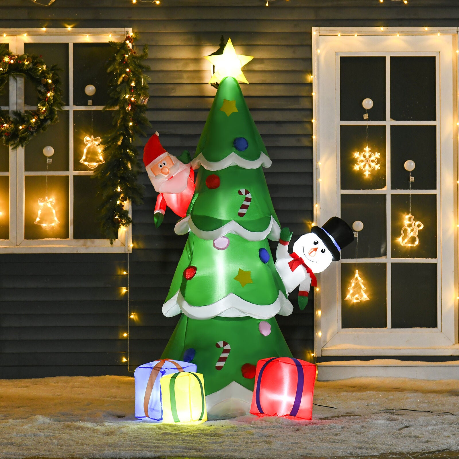 Aufblasbarer Tannenbaum mit Nikolaus und Schneemann, 210 cm mit LED-Be – Premium Box GmbH