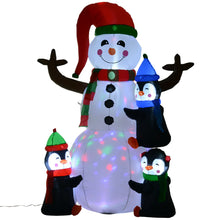Laden Sie das Bild in den Galerie-Viewer, Aufblasbarer Schneemann mit 3 Pinguinen, 180 cm mit LED-Beleuchtung. Weihnachten Deko Luftfigur